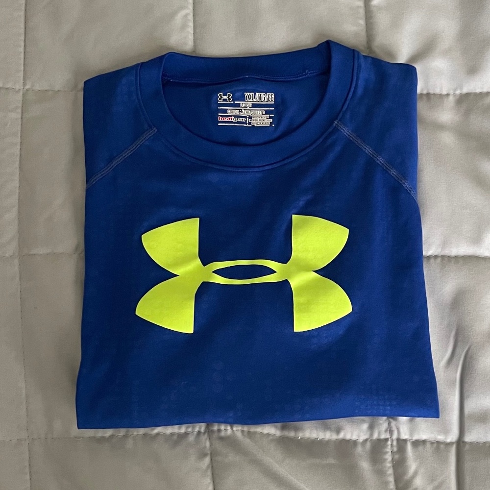 Under Armour Boys Heatgear Tee Blue YXL w/Neon Logo